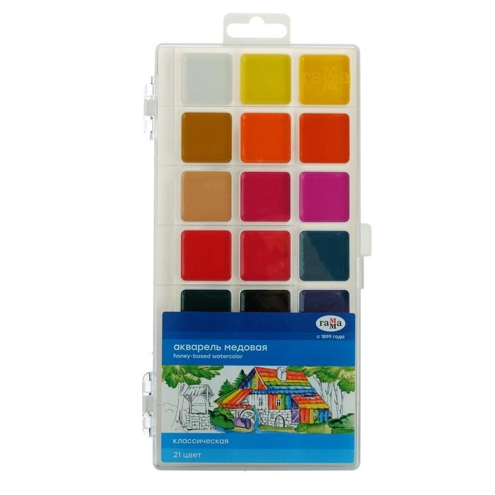 Акварель 21 цвет Гамма Акварель 21 цвет Гамма "Классическая", медовая, без кисти, пластик
