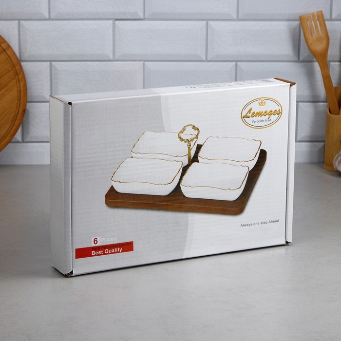 Менажница «Океан», 4 шт: 350 мл, деревянное основание, фарфор, Иран Менажница «Океан», 4 шт: 350 мл, деревянное основание, фарфор, Иран