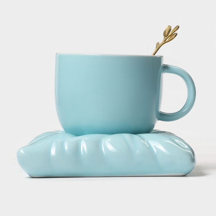 Чайная пара керамическая с ложкой «Зефирка», 2 предмета: чашка 250 мл, блюдце d=13 см, цвет голубой Чайная пара керамическая с ложкой «Зефирка», 2 предмета: чашка 250 мл, блюдце d=13 см, цвет голубой