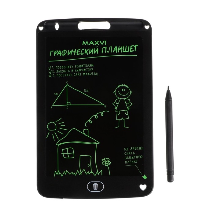 Графический планшет для рисования и заметок LCD Maxvi MGT-01, 8.5&rdquo;, угол 160&deg;,CR2016, черный