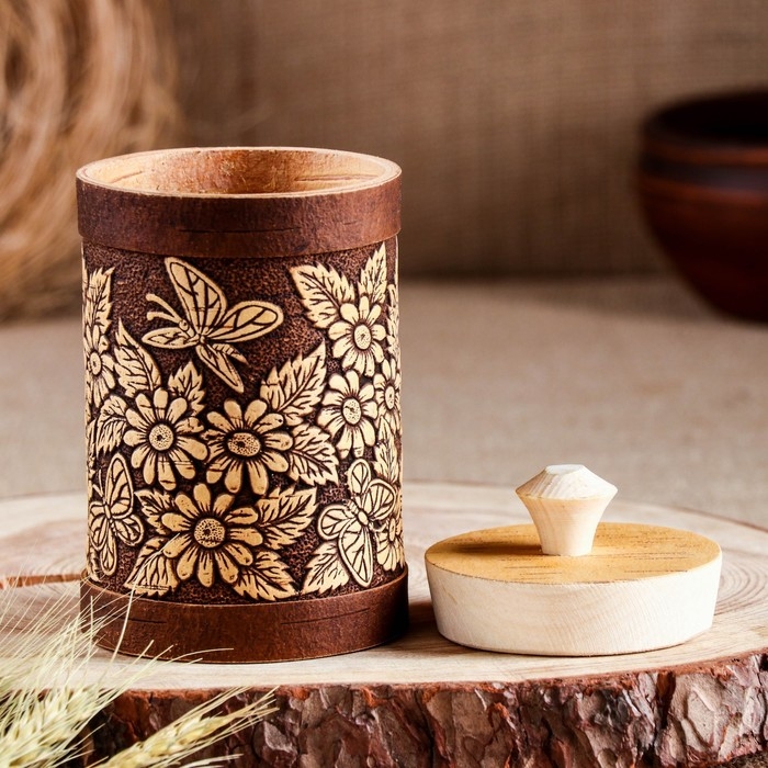 Туес Туес "Бабочки в цветах", круглый, 9х9х15 см, береста