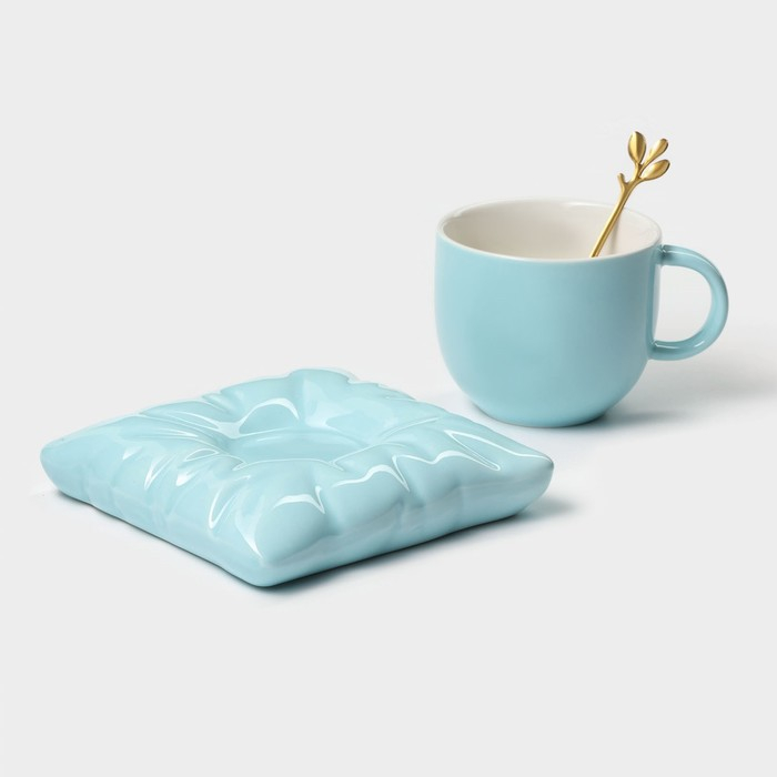 Чайная пара керамическая с ложкой «Зефирка», 2 предмета: чашка 250 мл, блюдце d=13 см, цвет голубой Чайная пара керамическая с ложкой «Зефирка», 2 предмета: чашка 250 мл, блюдце d=13 см, цвет голубой