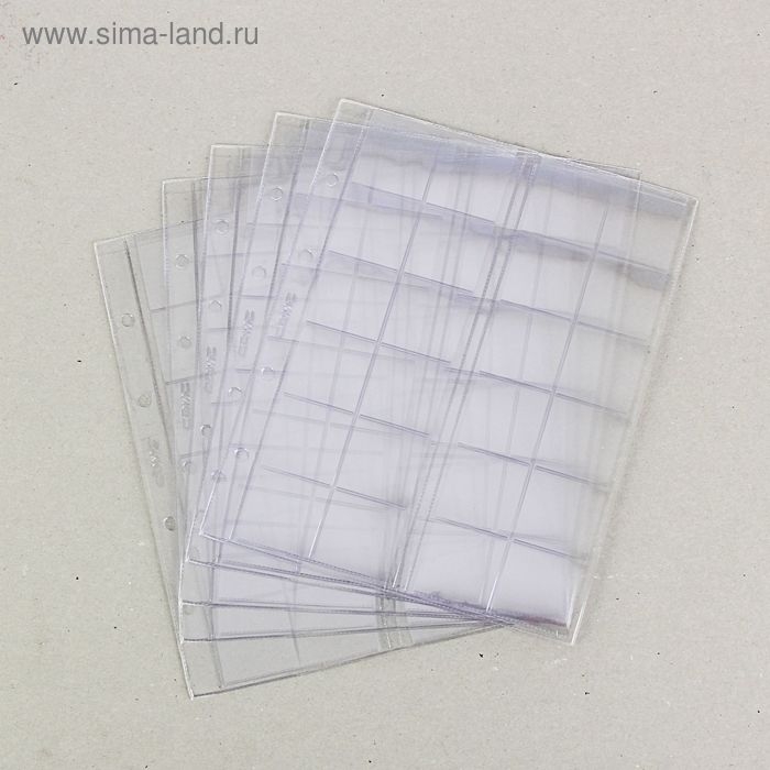 Комплект листов для монет, 5 штук, 200 х 250 мм, на листе 24 ячейки, 39 х 38 мм, скользящий