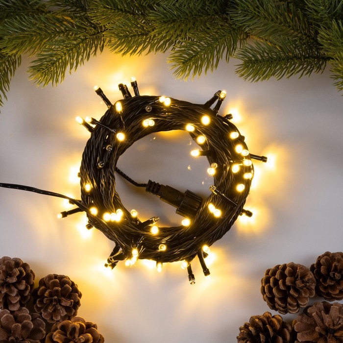 Гирлянда «Нить» 10 м, IP44, УМС, тёмная нить, 100 LED, свечение тёплое белое, мерцание всех светодиодов, 24 В Гирлянда «Нить» 10 м, IP44, УМС, тёмная нить, 100 LED, свечение тёплое белое, мерцание всех светодиодов, 24 В