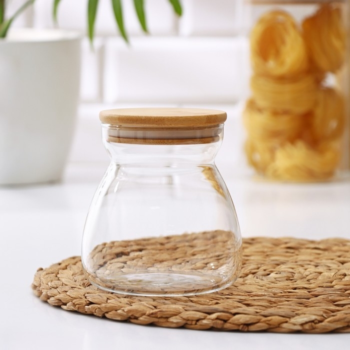 Банка стеклянная для сыпучих продуктов с бамбуковой крышкой «Бамбук», 650 мл, 11×12 см Банка стеклянная для сыпучих продуктов с бамбуковой крышкой «Бамбук», 650 мл, 11×12 см