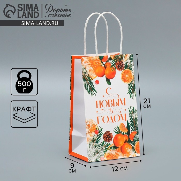 Пакет подарочный новогодний крафтовый &laquo;Новогодний цитрус&raquo;, 12 х 21 х 9 см, Новый год