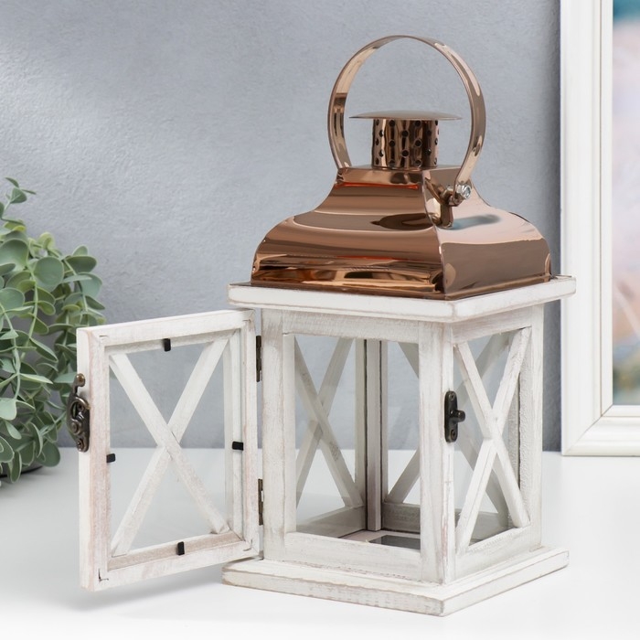 Подсвечник дерево на 1 свечу Подсвечник дерево на 1 свечу "Фонарь" серый и медь 24,5х13,5х13,5 см