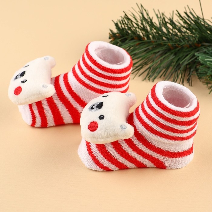 Подарочный набор новогодний: держатель для соски-пустышки на ленте и носочки - погремушки на ножки &laquo;Мишка&raquo;, Крошка Я