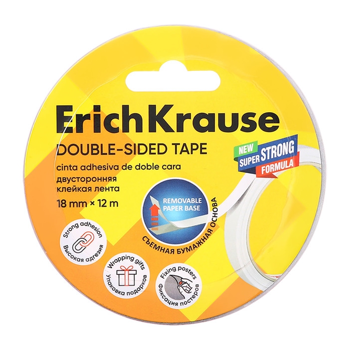 Клейкая лента двусторонняя, 18 мм х 12 метра, ErichKrause, прозрачная Клейкая лента двусторонняя, 18 мм х 12 метра, ErichKrause, прозрачная