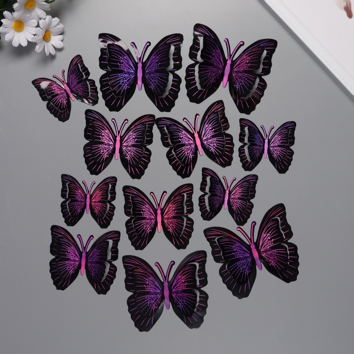 Наклейка пластик "Бабочки чёрные с фиолетовым" двойные крылья набор 12 шт 12 см, 10 см 8 см   105242
