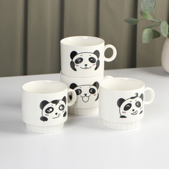 Набор кружек керамических на металлической подставке Доляна &laquo;Панда&raquo;, 4 предмета: 220 мл, цвет белый
