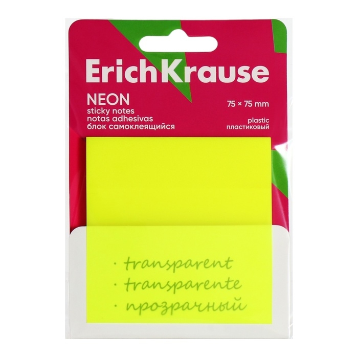Блок с липким краем пластиковый 75X75 мм, ErichKrause "Neon", 50 листов, микс
