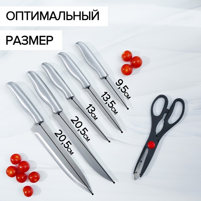 Набор ножей кухонных на подставке &laquo;Блеск стали&raquo;, 6 предметов: 5 ножей лезвие 9,5 см, 13 см, 13,5 см, 20,5 см, 20,5 см, ножницы
