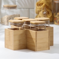 Набор банок стеклянных для сыпучих продуктов с бамбуковыми крышками &laquo;Эко&raquo;, 350 мл, на подставке, 5 шт