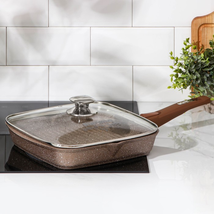 Сковорода-гриль &laquo;Гранит&raquo;, 26&times;26 см, съёмная ручка, стеклянная крышка, антипригарное покрытие, цвет коричневый