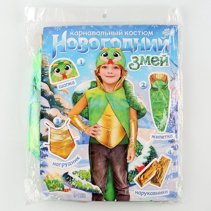 Карнавальный костюм детский &laquo;Новогодний змей&raquo;: жилетка, нагрудник, шапка, нарукавники, рост 116-128 см