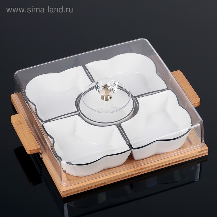 Набор салатников керамических с крышкой на деревянной подставке &laquo;Эстет. Квадрат&raquo;, 5 предметов, 33&times;27,5&times;11 см, цвет белый