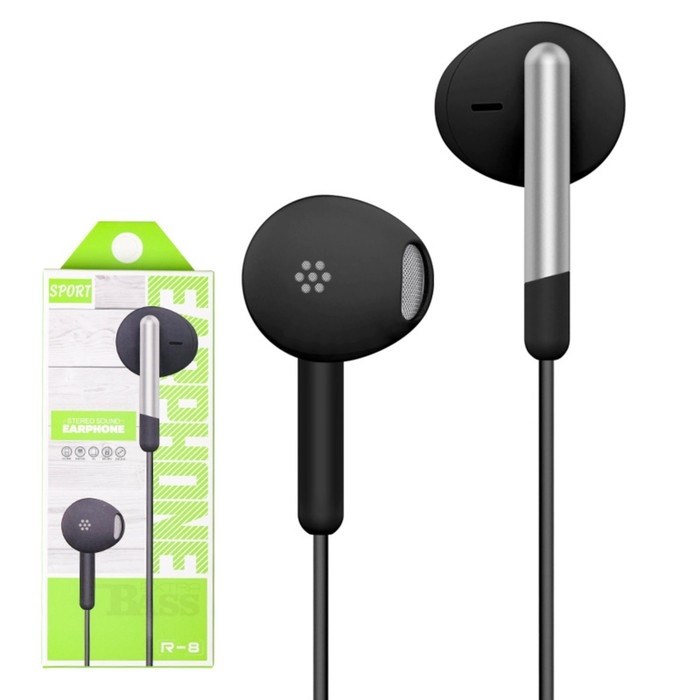 Наушники R-8, проводные, вкладыши, микрофон, 1 м, Jack 3.5 мм, чёрные Наушники R-8, проводные, вкладыши, микрофон, 1 м, Jack 3.5 мм, чёрные