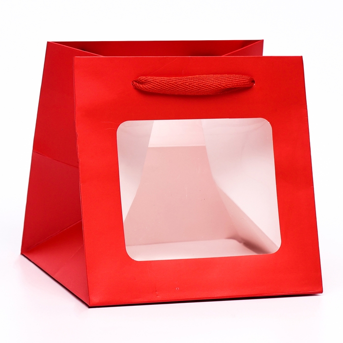 Пакет крафт с квадратным дном и окном,  15 х 15 х 15 см, красный, 1шт