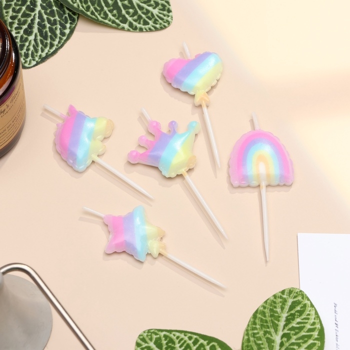 Набор свечей для торта, 5 шт Набор свечей для торта, 5 шт "Детская радужная вечеринка", разноцветные