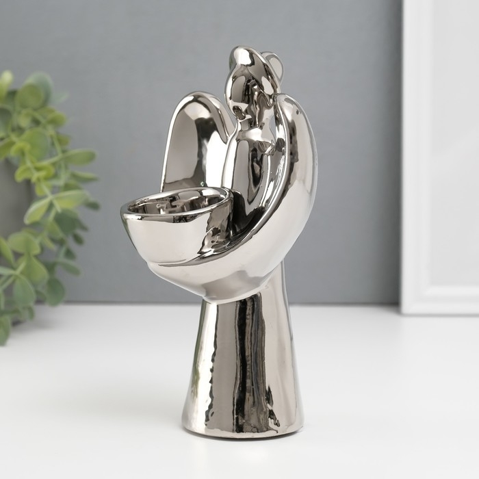 Подсвечник керамика на 1 свечу "Ангел с нимбом" d=4 см серебро 11,5х10х18,5 см