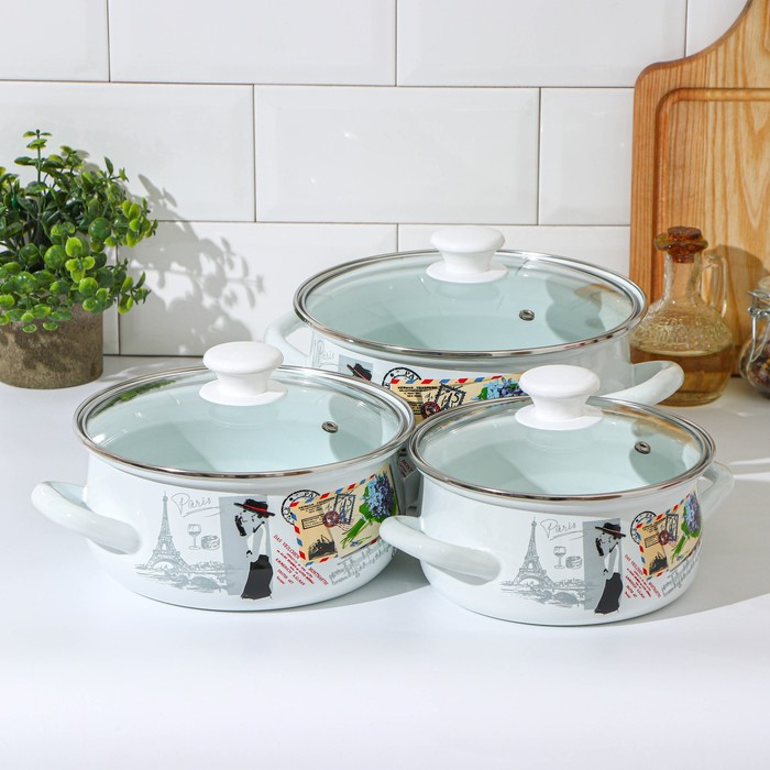 Набор кастрюль &laquo;Фиалка Монмарта&raquo;, 3 предмета: 1,5 л, 2 л, 3 л, крышки, индукция