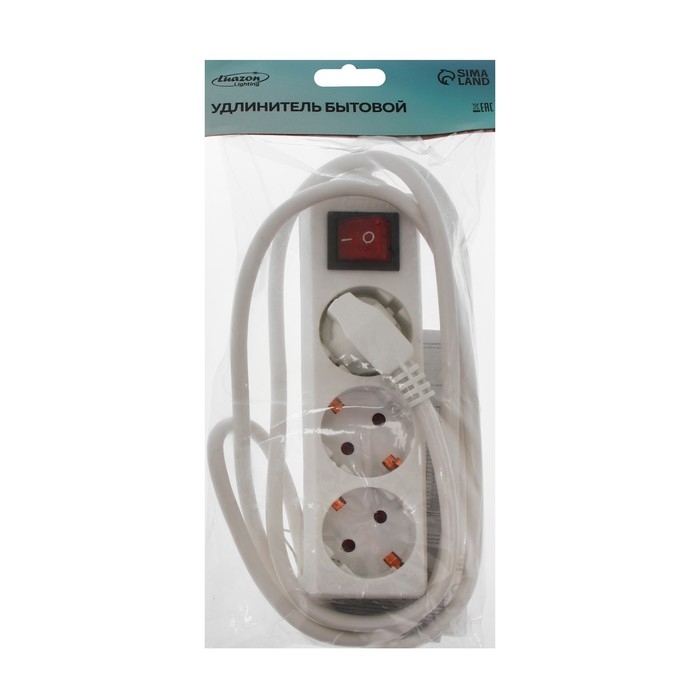Удлинитель Luazon Lighting, 3 розетки, 1,8 м, 10 А, 2200 Вт, 3х1.5 мм2, с з/к, с выкл.