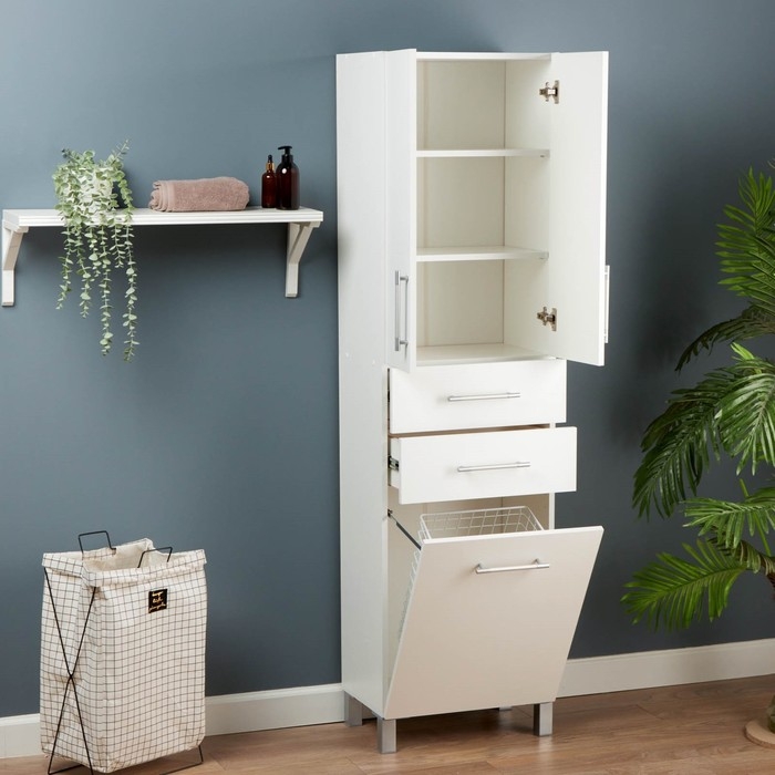 Пенал для ванной комнаты 500 с корзиной для белья, белый, 50 х 33 х 185 см