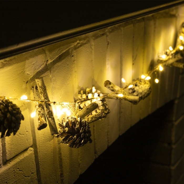 Гирлянда «Нить» 1.5 м роса с насадками «Шишки и ветки», IP20, серебристая нить, 30 LED, батарейки CR2032х2 (в комплекте), свечение тёплое белое Гирлянда «Нить» 1.5 м роса с насадками «Шишки и ветки», IP20, серебристая нить, 30 LED, батарейки CR2032х2 (в комплекте), свечение тёплое белое