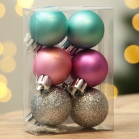 Шары ёлочные новогодние, на Новый год, пластик, d=3 см, 6 шт., цвет голубой, серебристый, розовый Шары ёлочные новогодние, на Новый год, пластик, d=3 см, 6 шт., цвет голубой, серебристый, розовый