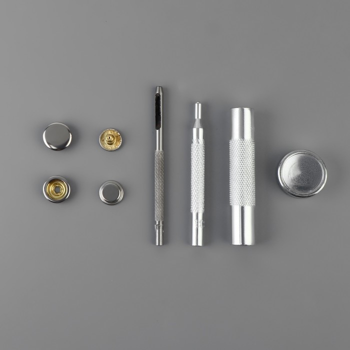 Кнопки установочные, Дельта, d = 15 мм, 40 шт, с установщиком, в органайзере, 11,8 &times; 8,1 &times; 2,3 см, цвет серебряный