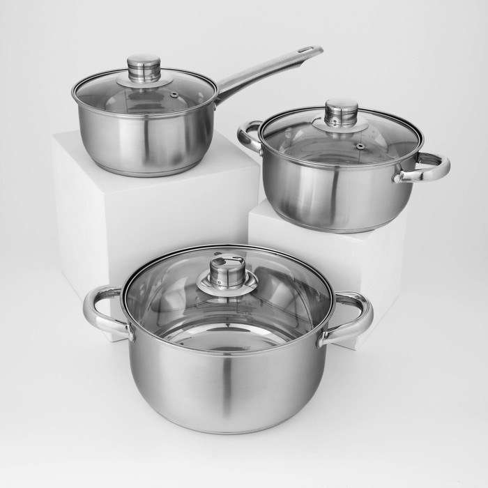 Набор посуды из нержавеющей стали Доляна &laquo;Гретте&raquo;, 3 предмета: сотейник 1,5 л, d=16 см, кастрюли 2 л, 4 л, d=18 см, d=22 см, крышки