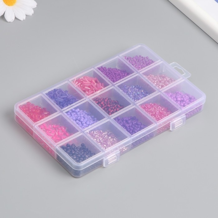 Бисер стекло 6/0, 8/0, 12/0 в шкатулке "Фиолетовый" стеклярус 15,5х9,5х1,6 см