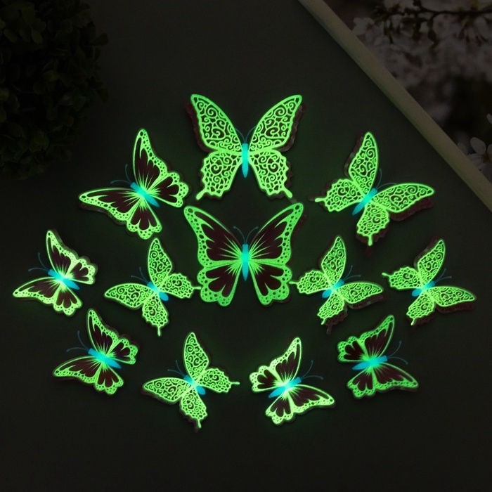 Магнит пластик светится в темноте Магнит пластик светится в темноте "Розовые бабочки" двойные крылья набор 12 шт