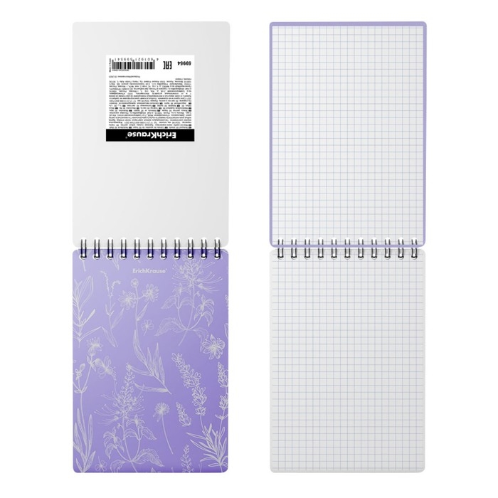 Блокнот на спирали А6, 80 листов, клетка , ErichKrause "Lavender", пластиковая обложка шелкография, блок офсет белизна 100%
