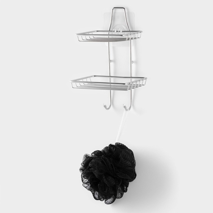 Мыльница 2-х ярусная на липучке Доляна, 2 крючка, 14,5&times;10&times;21 см, цвет хром