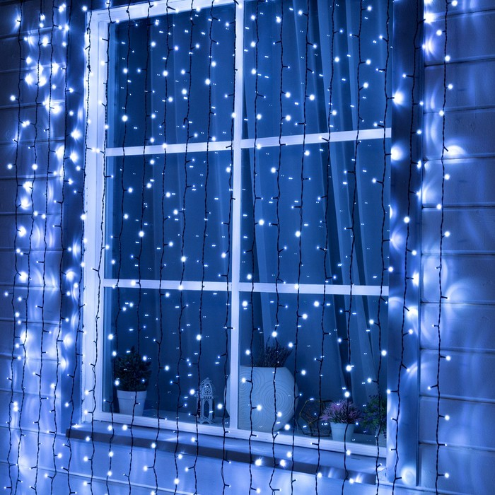 Гирлянда &laquo;Занавес&raquo; 2 &times; 9 м, IP44, УМС, тёмная нить, 1800 LED, свечение белое, 220 В