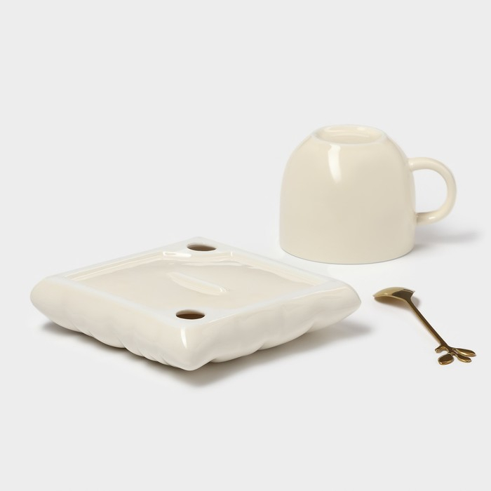 Чайная пара керамическая с ложкой «Зефирка», 2 предмета: чашка 250 мл, блюдце d=13 см, цвет бежевый Чайная пара керамическая с ложкой «Зефирка», 2 предмета: чашка 250 мл, блюдце d=13 см, цвет бежевый