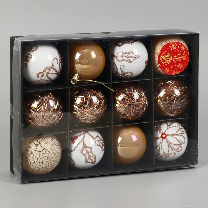 Набор шаров пластик d-6 см, 12 шт "Мелодия элит" ассорти, белый золото