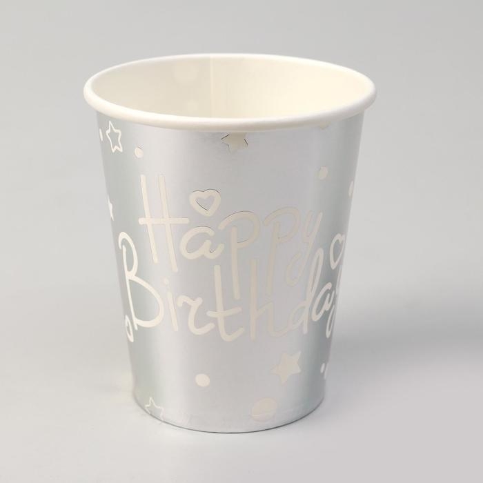 Стаканы бумажные «С днём рождения», набор, 6 шт., цвет серебро Стаканы бумажные «С днём рождения», набор, 6 шт., цвет серебро