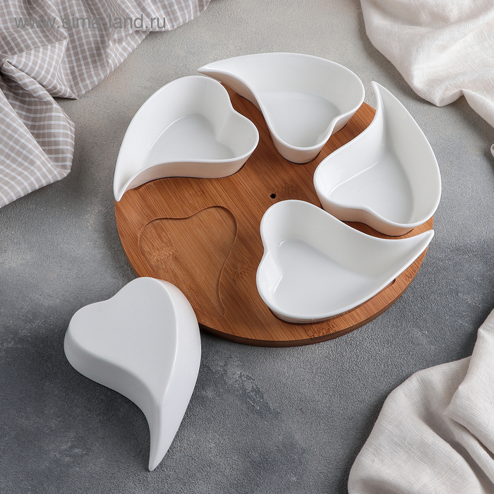 Набор соусников керамических на деревянной подставке &laquo;Эстет. Сердца&raquo;, 5 предметов: 200 мл, цвет белый