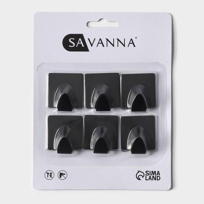Крючки самоклеющиеся SAVANNA Black Loft, 6 шт, металл, 3,5&times;3,8&times;1,8 см, цвет чёрный