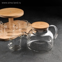 Набор чайный из стекла на деревянной подставке &laquo;Эко&raquo;, 7 предметов: чайник 1,1 л, 5 кружек 120 мл, подставка