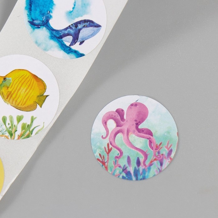 Наклейка бумага "Подводный мир" d=2,5 см 252 шт в рулоне