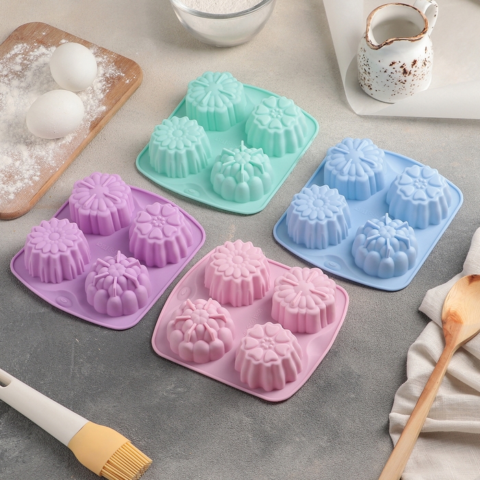 Форма для выпечки Доляна «Цветы. Цветочная долина», силикон, 14×16 см, 4 ячейки, цвет МИКС Форма для выпечки Доляна «Цветы. Цветочная долина», силикон, 14×16 см, 4 ячейки, цвет МИКС