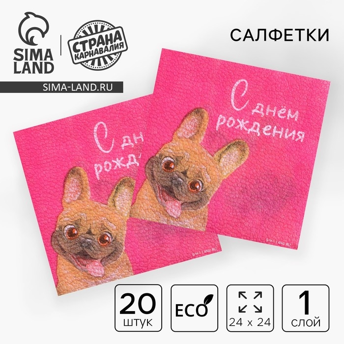 Салфетки бумажные &laquo;С Днём Рождения&raquo;, пёсель, 24 х 24 см, 20 шт