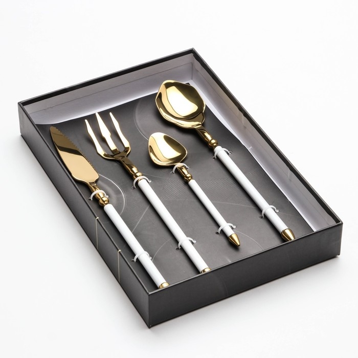 Столовые приборы из нержавеющей стали Magistro Ocean, 4 предмета, цвет металла золотой, ручка белая Столовые приборы из нержавеющей стали Magistro Ocean, 4 предмета, цвет металла золотой, ручка белая