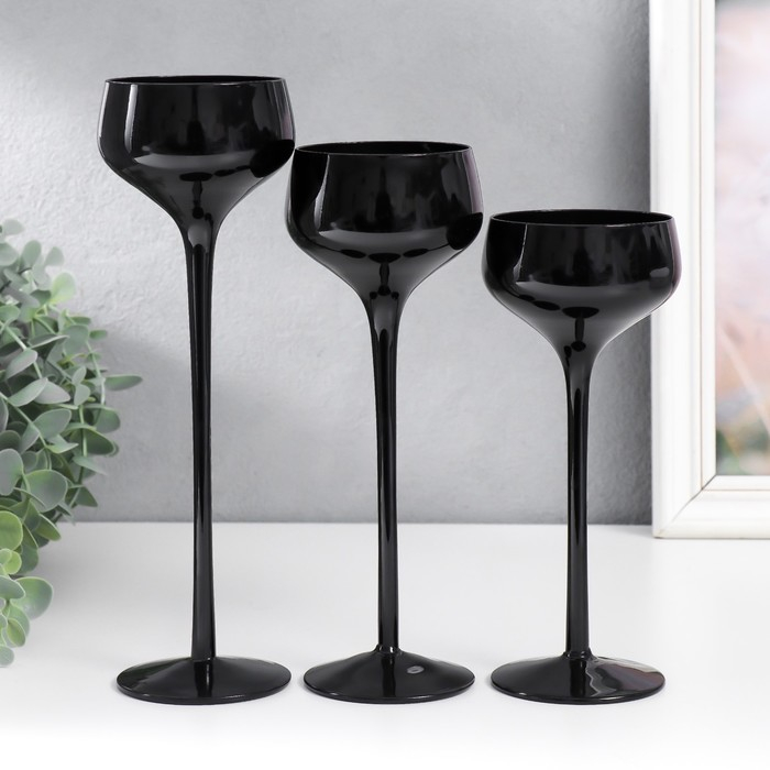 Подсвечник стекло "Бокал-креманка" чёрный набор 3 шт h- 20, 23, 26х12х12 см