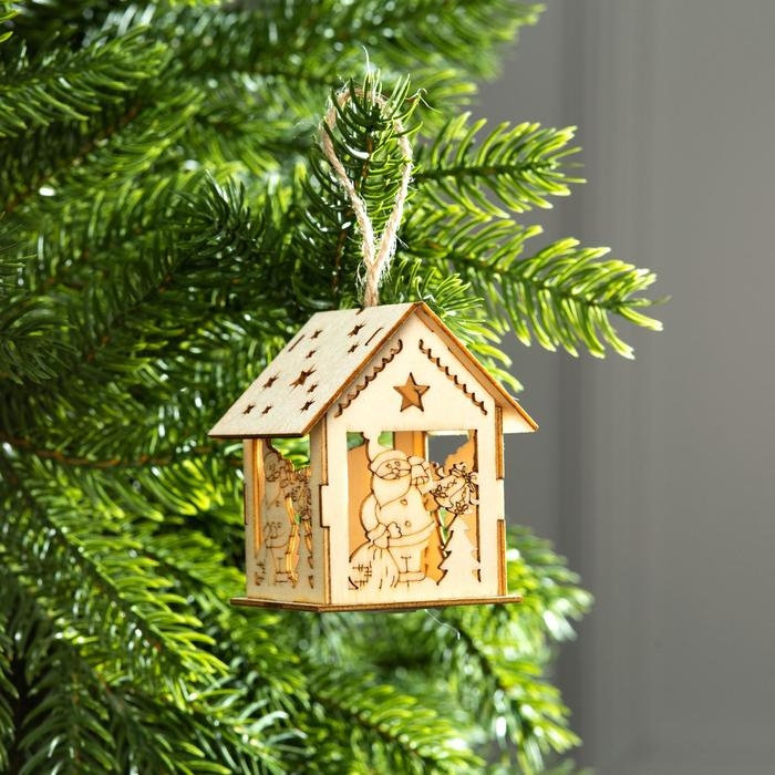 Ёлочная игрушка &laquo;Домик с Дедом Морозом и ёлкой&raquo;, от батареек, свечение тёплое белое