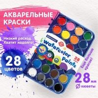 Акварель 28 цветов BRAUBERG PREMIUM, круглые кюветы 28 мм, в пенале
